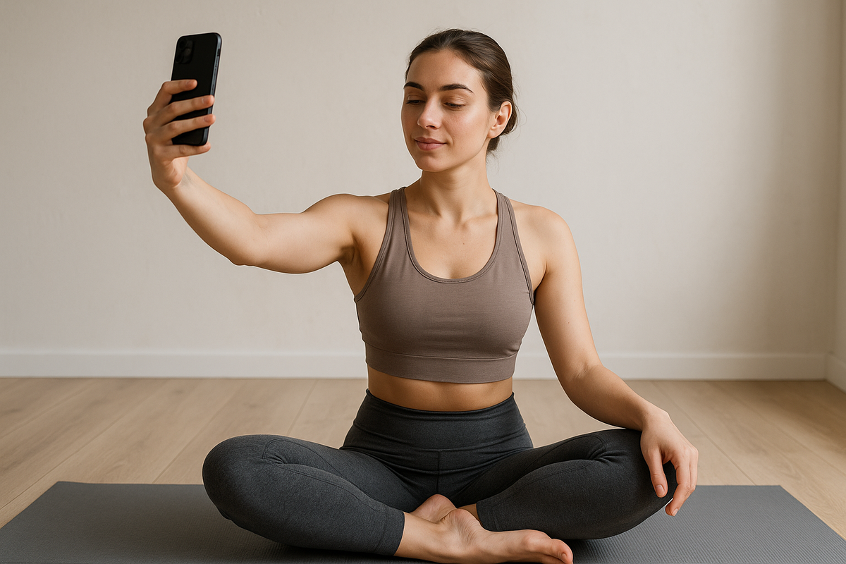 una chica haciendo yoga selfie para review de mi producto hiperrealista
